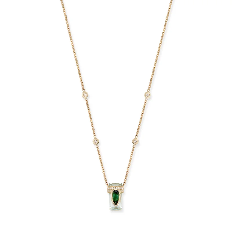 Vintage pearl necklaces-PAVE LARGE GREEN TOURMALINE TEARDROP CAP + LIGHT GREEN TOURMALINE ELONGATED BAGUETTE NECKLACE