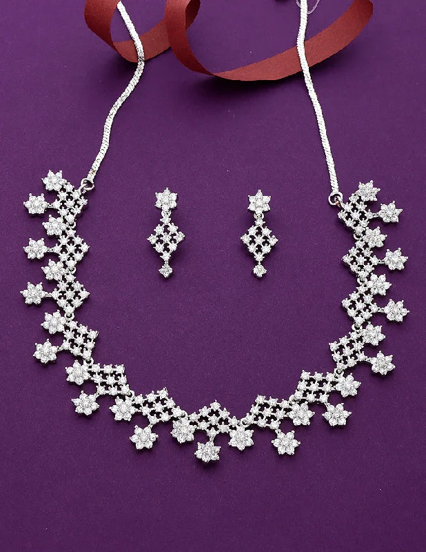 Layered silver necklaces-Designer Rhodium Polish Zirconia Necklace Set