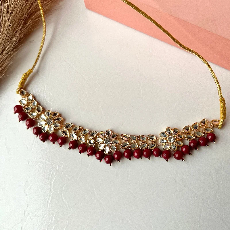 Starry night necklaces-Flower Kundan Necklace (Maroon)