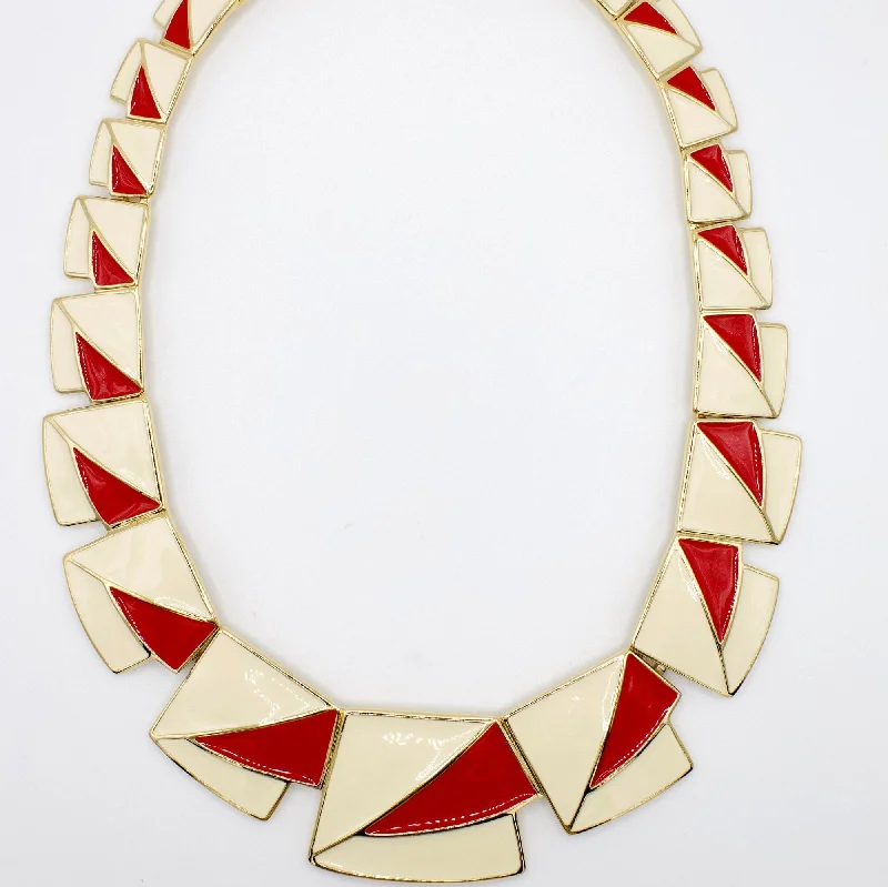 Statement collar necklaces-1970s-1980s RARE Vintage Trifari Kunio Matsumoto Designer Red and White Enamel Necklace