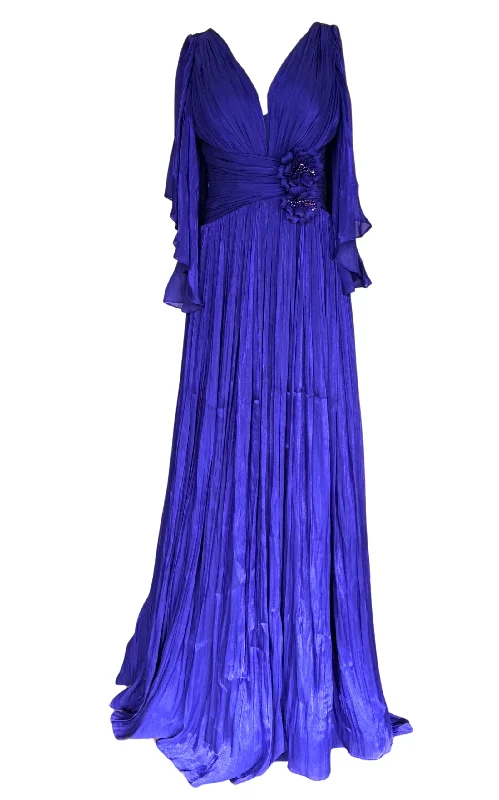 Geometric pin brooches-Elegant Chiffon Evening Dress Gown with Floral Brooch in Blue