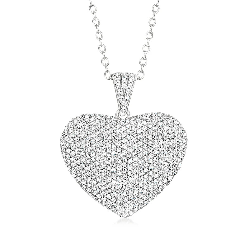 Rose quartz necklaces-Ross-Simons Pave Diamond Heart Pendant Necklace in Sterling Silver