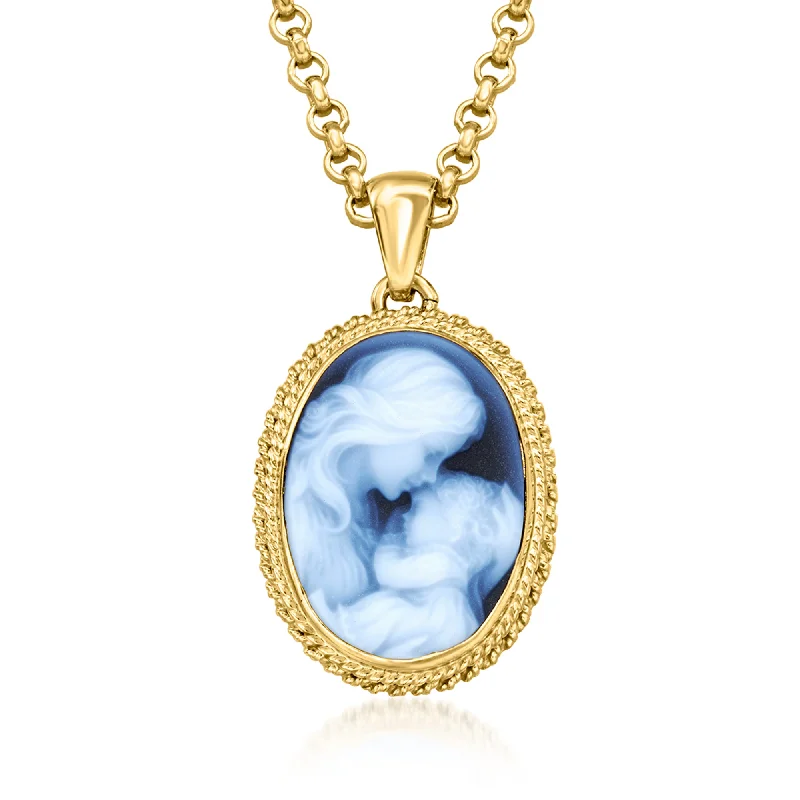 Asymmetrical necklaces-Ross-Simons Italian Black Agate Mother and Child Cameo Pendant Necklace in 18kt Gold Over Sterling