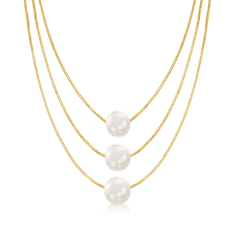 Sleek chain necklaces-Ross-Simons 9-9.5mm Cultured Pearl 3-Strand Layered Necklace in 18kt Gold Over Sterling