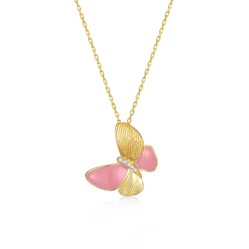 Glass bead necklaces-Kids Sterling Silver 14k Gold Plated with Enamel & Diamond Cubic Zirconia Butterfly Pendant Necklace