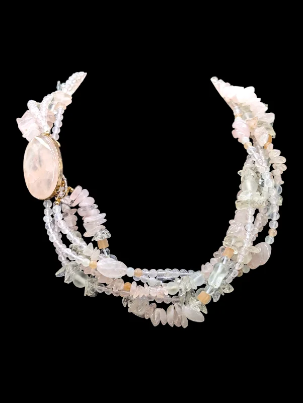 Rose gold necklaces-Vintage Genuine Rose Quartz, Spinel, Jade and Crystal 5 Strand 18k Vermeil Necklace