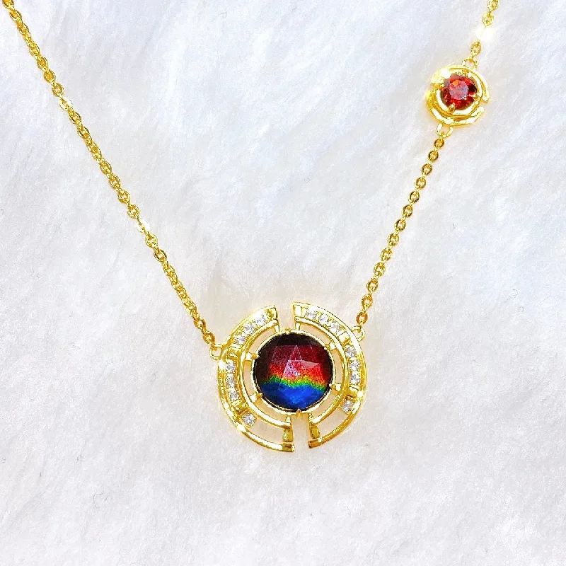 Herringbone necklaces-Ammolite Necklace 18k Gold Vermeil PROSPERITY Necklace with Garnet and White Topaz