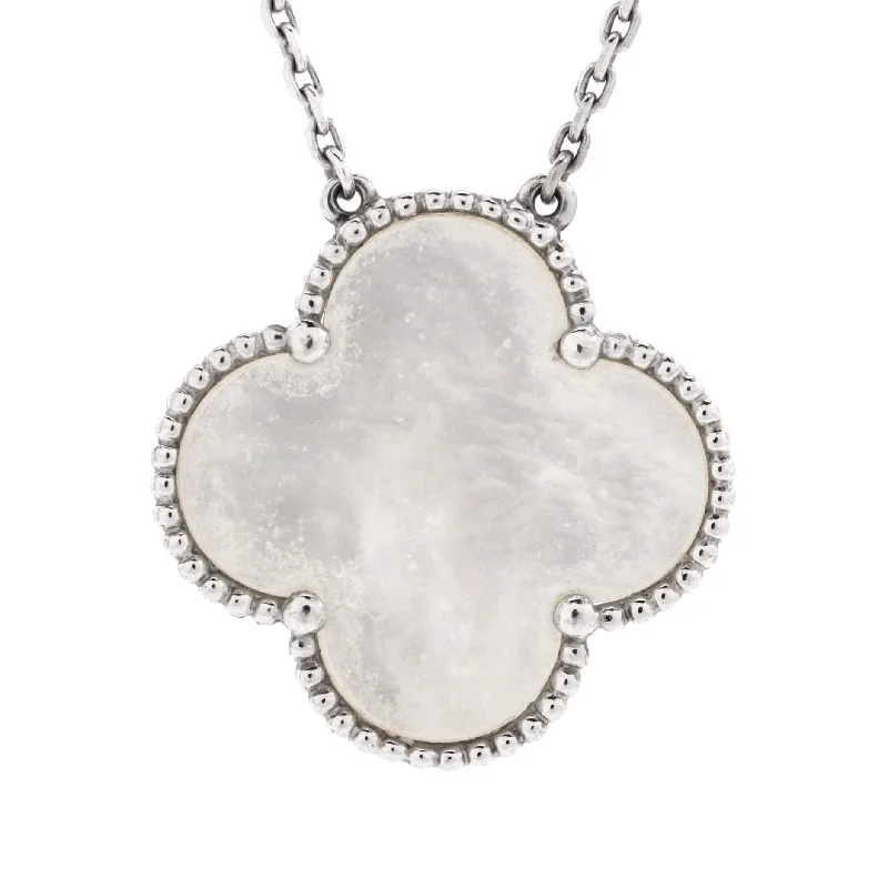 Sculpted link necklaces-Magic Alhambra Pendant Necklace 18K White Gold and Mother of Pearl