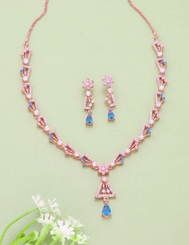 Adjustable beaded necklaces-Floral Design Rose Gold Zirconia Necklace Set