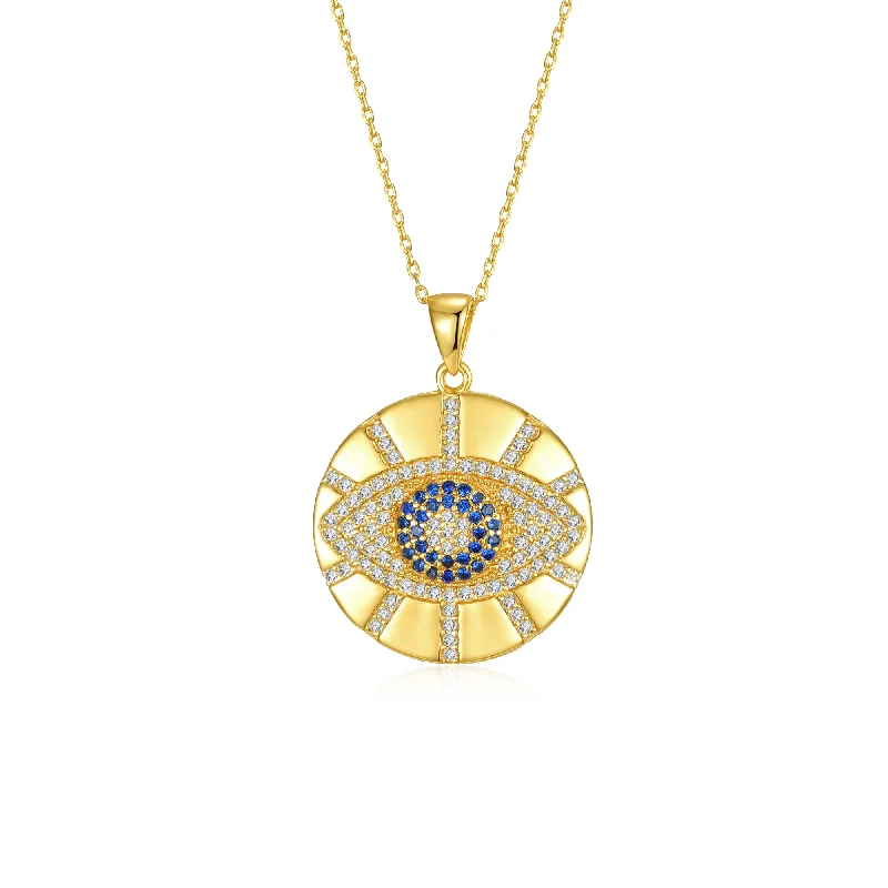 Emerald gem necklaces-14k Gold Plated with Blue, Yellow & White Diamond-Like Cubic Zirconia Evil Eye Light Rays Medallion Pendant Necklace