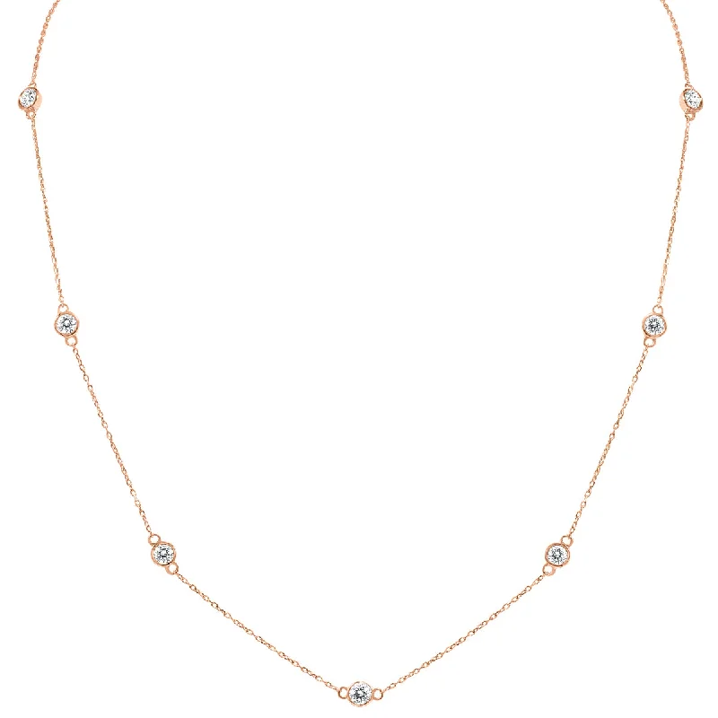 Locket style necklaces-1 1/2 Carat Tw Bezel Set Diamond Station Necklace In 14K Rose Gold