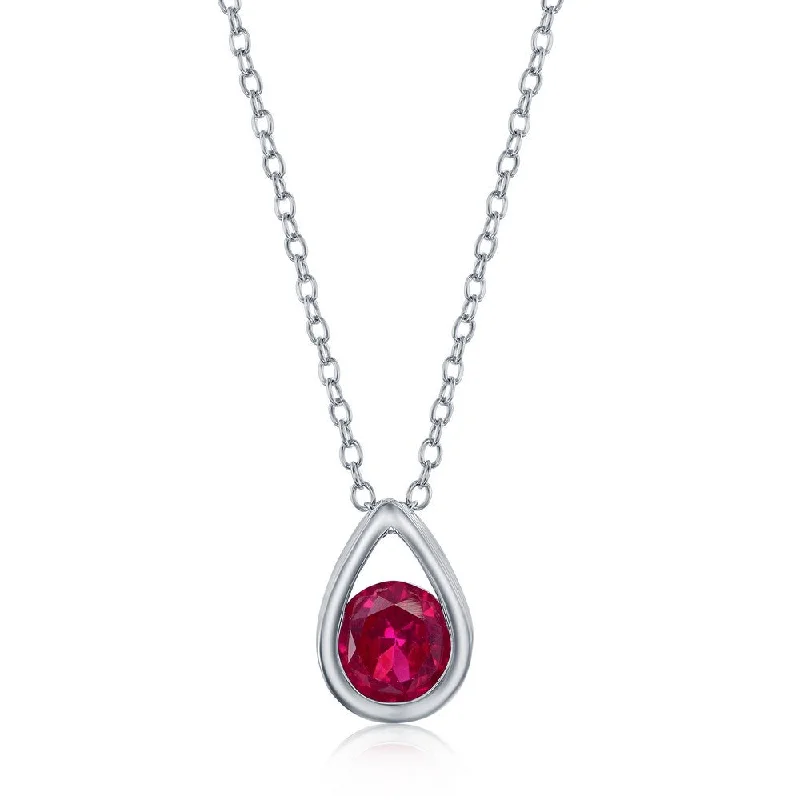 Wire-wrapped necklaces-Sterling Silver Pearshaped Necklace w/Round 'July Birthstone' - Ruby