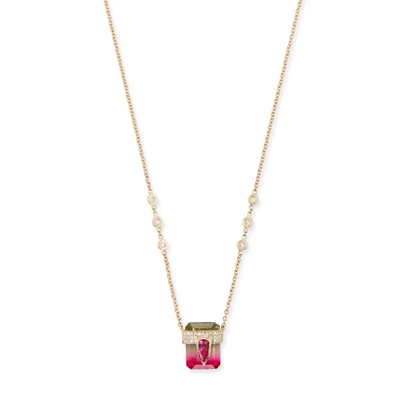 Rose gold necklaces-PAVE PINK TOURMALINE TEARDROP CAP + WATERMELON TOURMALINE BAGUETTE NECKLACE