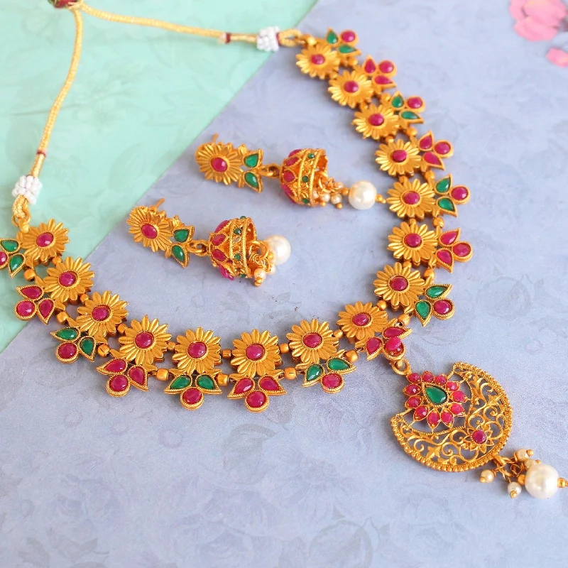 Luxe diamond necklaces-Sanskriti Temple Necklace Set