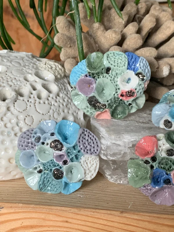 Shell design brooches-Green and lilac tones ‘Rock coral’ coloured porcelain brooch, choose one