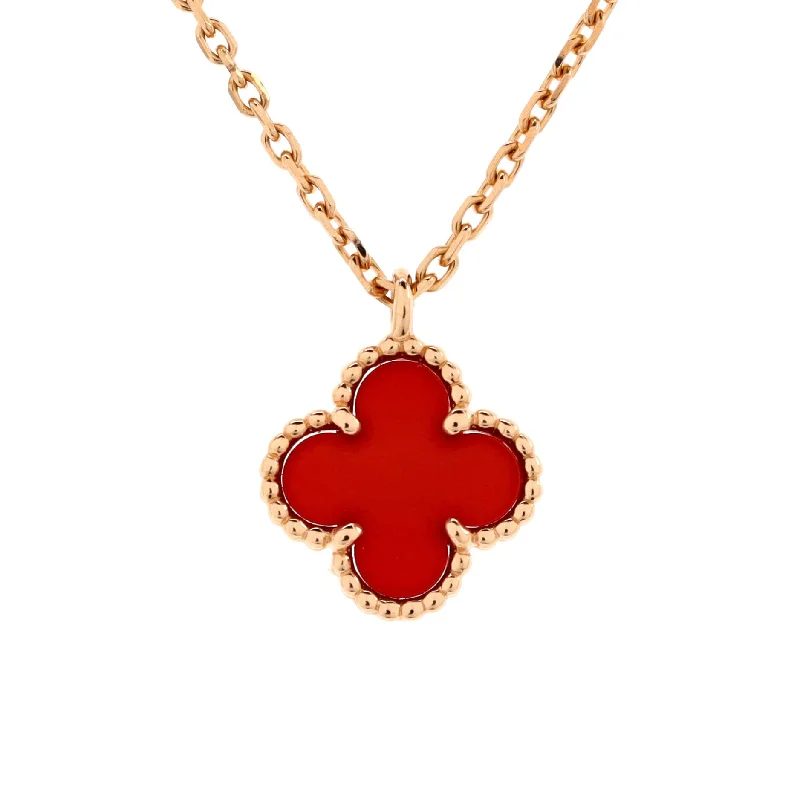 Handcrafted necklaces-Sweet Alhambra Pendant Necklace 18K Rose Gold and Carnelian