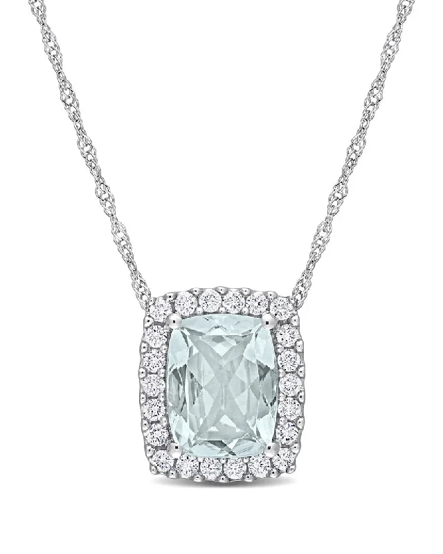 Bamboo charm necklaces-Rina Limor 14K 2.24 ct. tw. Diamond & Aquamarine Rectangle Halo Pendant