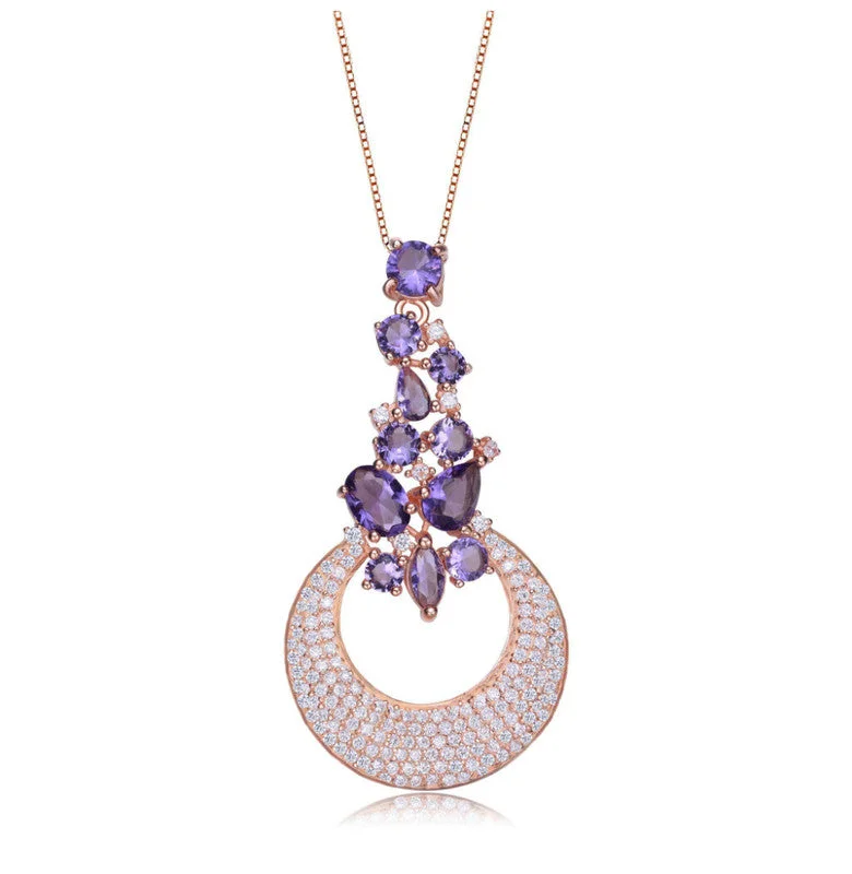 Chunky stone necklaces-Rose Gold Plated Clear And Purple Cubic Zirconia Pendant Necklace