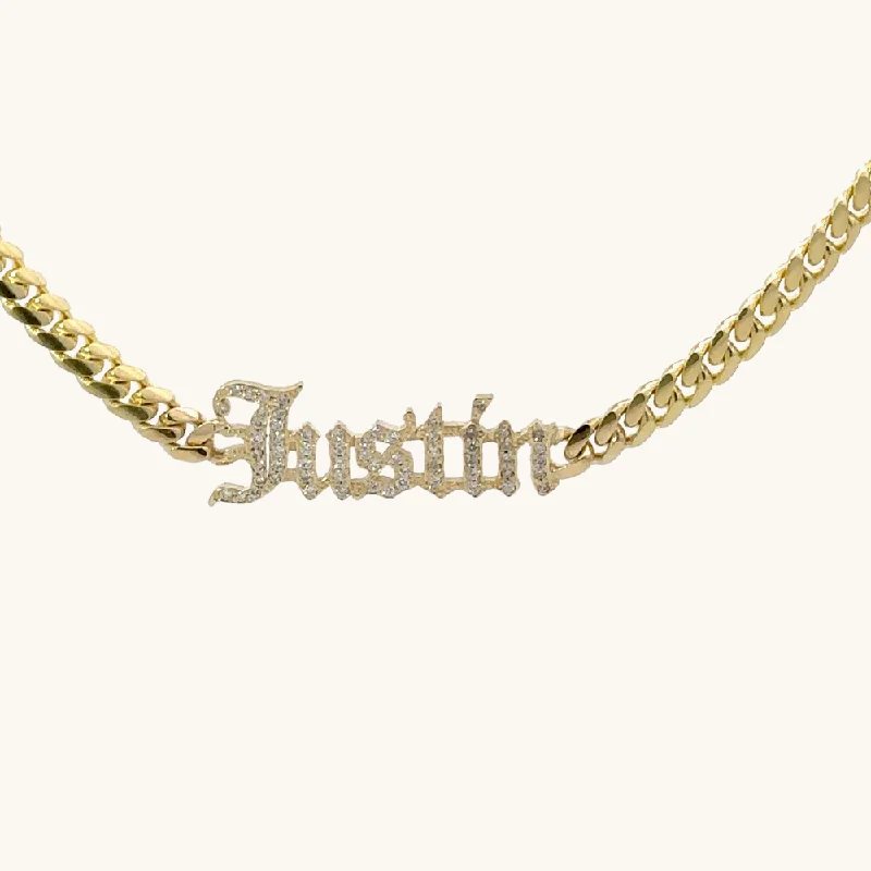 Statement collar necklaces-Diamond Old English Cuban Chain Name Necklace