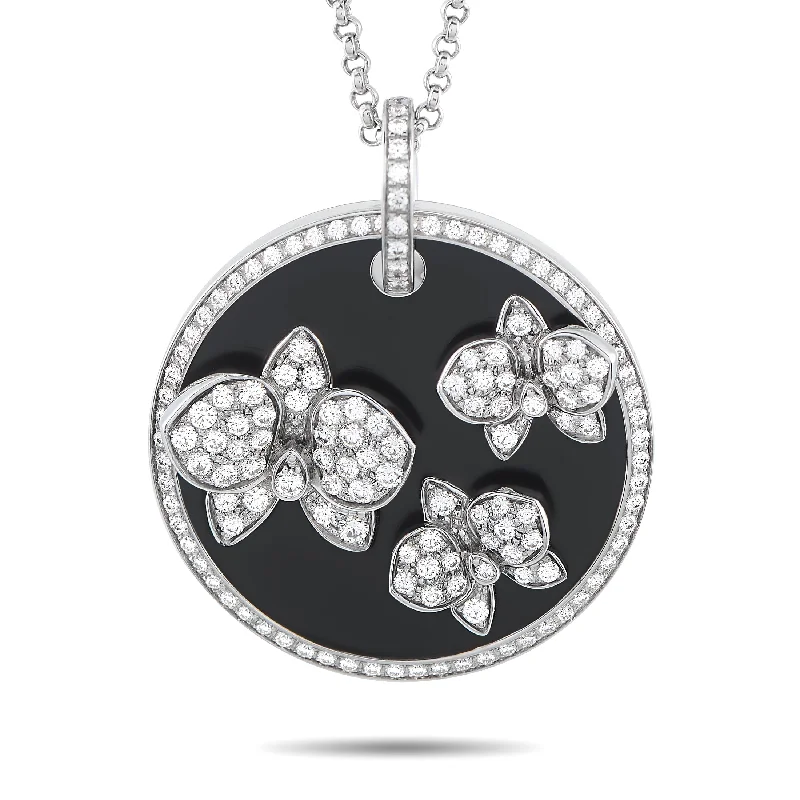 Bamboo charm necklaces-Cartier Caresse d'Orchidees 18K White Gold Diamond and Onyx Necklace CA30-011725