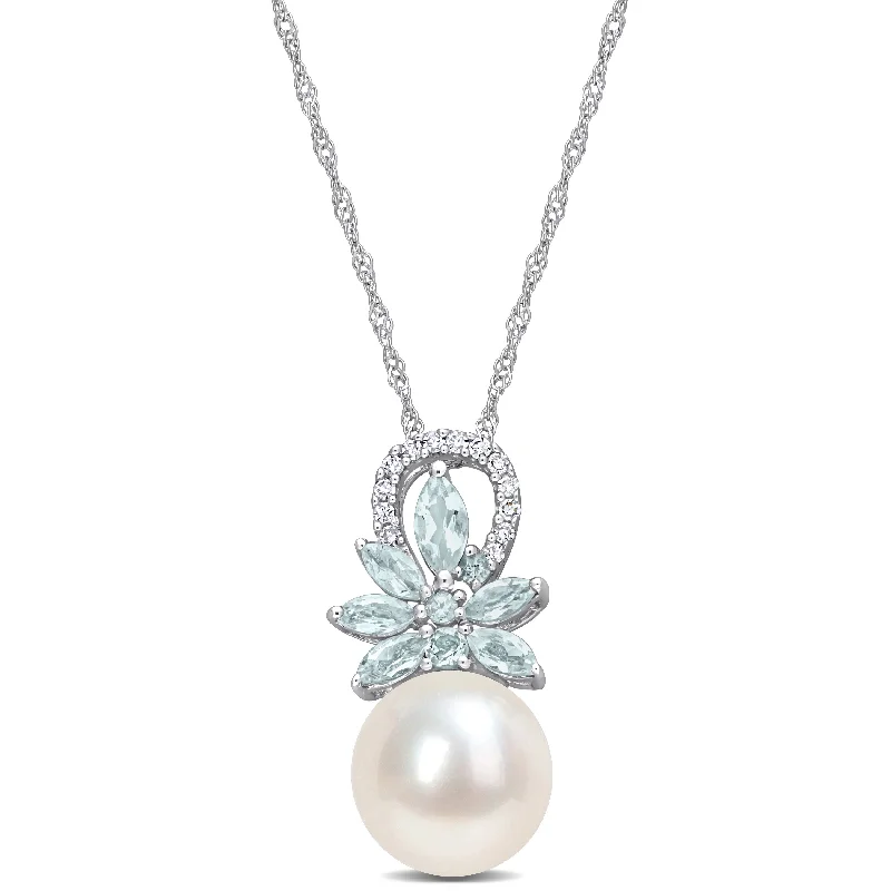 Vintage pearl necklaces-Mimi & Max 9.5-10mm Cultured Freshwater Pearl and 1/3ct TGW Aquamarine and Diamond Accent Flower Necklace in 14k White Gold