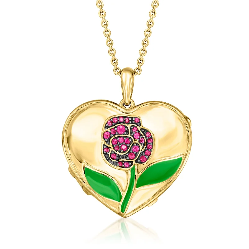 Textured gold necklaces-Ross-Simons Ruby Rose Heart Locket Necklace With Green Enamel in 18kt Gold Over Sterling