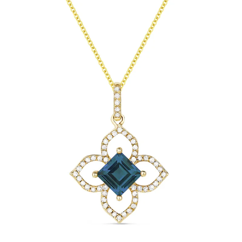 Antique silver necklaces-0.74Ct London Blue Topaz 16"pendant Necklace In 14K Yellow Gold