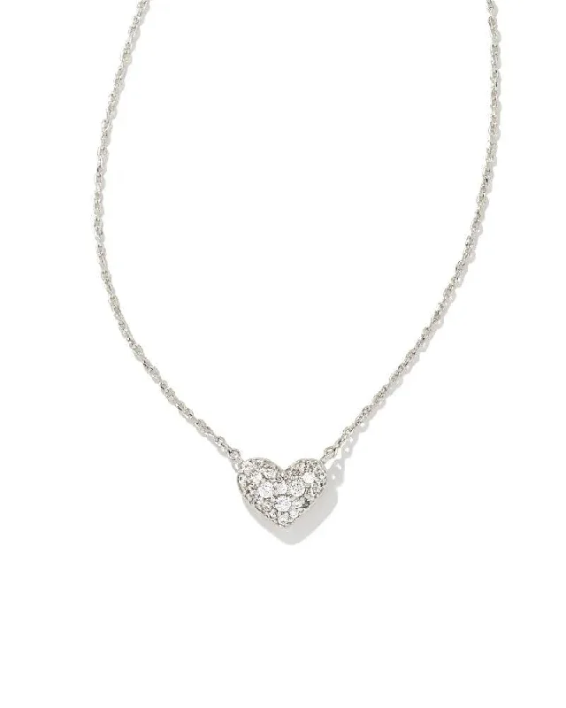 Velvet ribbon necklaces-Kendra Scott - Ari Pave Crystal Heart Necklace Silver White CZ