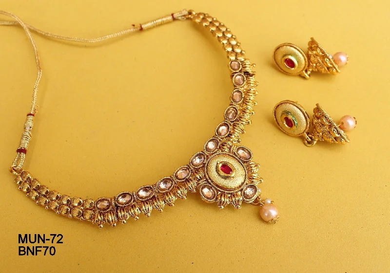 Swarovski necklaces-Gold Plated Kundan Beaded Necklace Set With Earrings