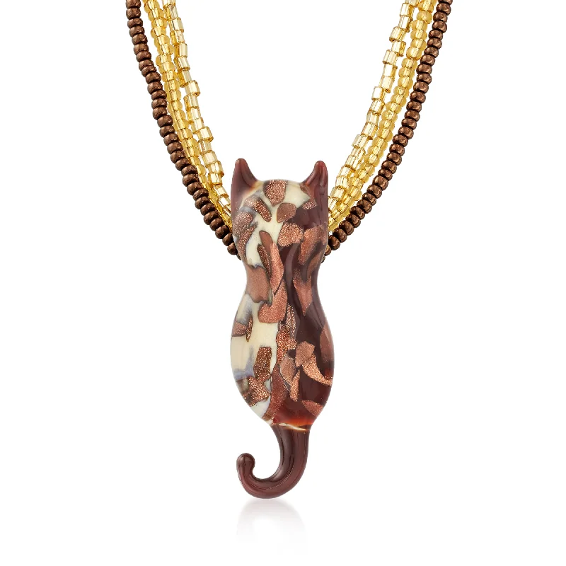 Moroccan tile necklaces-Ross-Simons Italian Brown and Gold Murano Glass Bead Cat Necklace With 18kt Gold Over Sterling