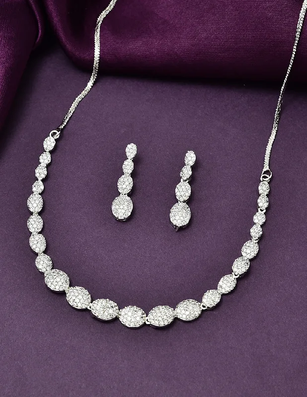 Minimalist gold necklaces-Designer Rhodium Polish Zirconia Necklace Set