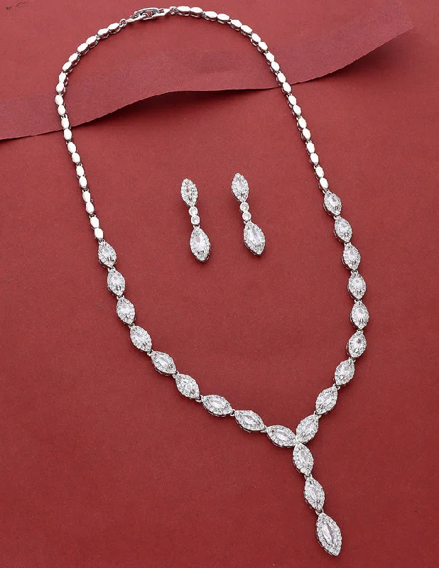 Abstract pendant necklaces-Designer Rhodium Polish Zirconia Necklace Set