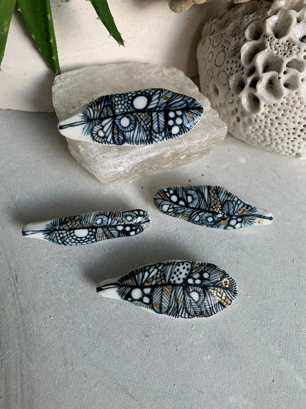 Spiral gem brooches-Blue and white hand painted ‘feather’ brooch, choose one