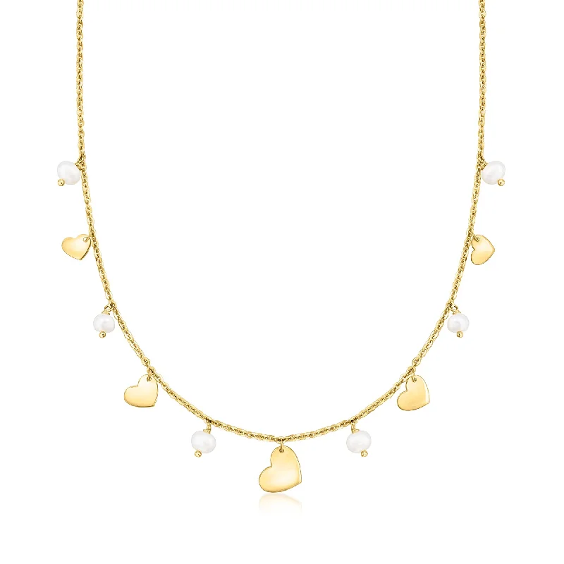 Knot accent necklaces-Ross-Simons Italian 5-6mm Cultured Pearl and Heart Station Necklace in 18kt Gold Over Sterling