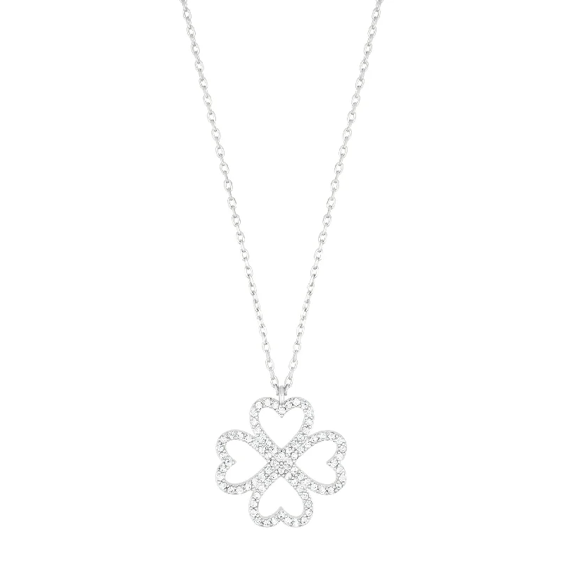 Luxe diamond necklaces-Silver Plated Heart-Shaped Pave Clover Necklace