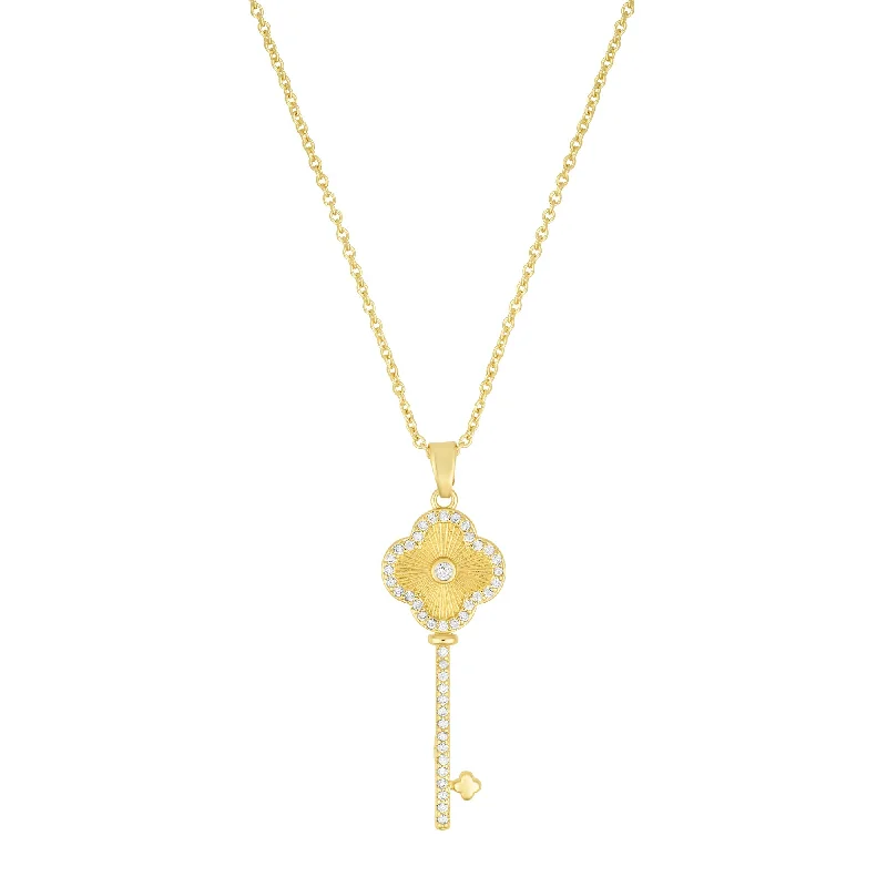 Amethyst stone necklaces-14k Gold Plated Pave Clover Key Pendant Necklace