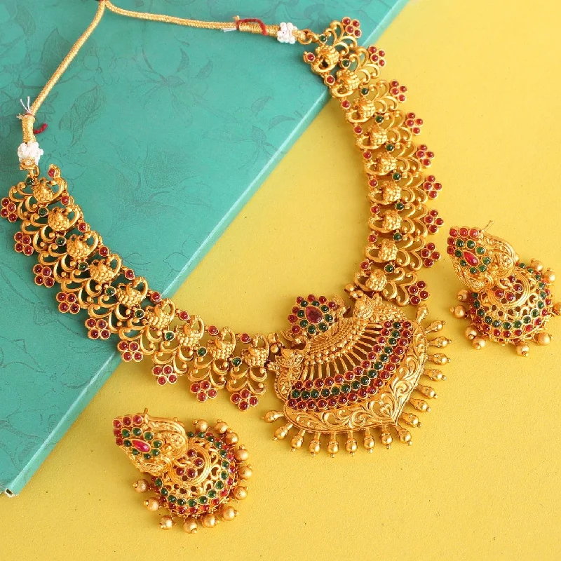 Floral pendant necklaces-Sanskriti Temple Necklace Set