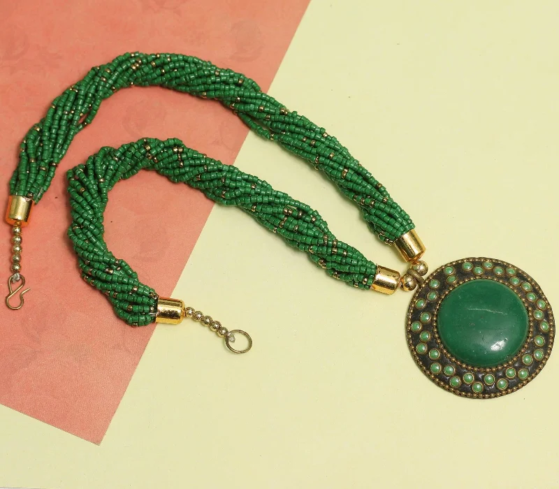 Organic shape necklaces-Seed Beads Necklace With Tibetan Pendant