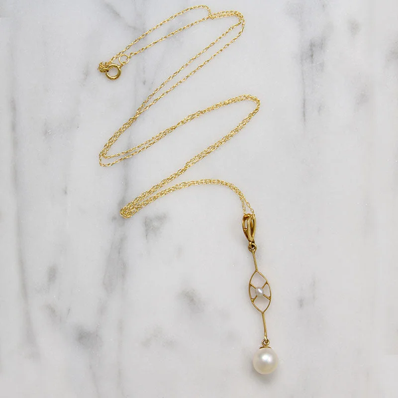 Art deco necklaces-The Daintiest Gold & Pearl Lavalier Necklace Ever