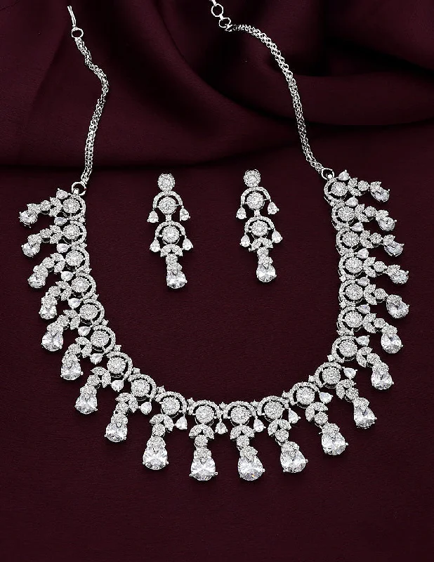 Beaded cluster necklaces-Designer Rhodium Polish Zirconia Necklace Set