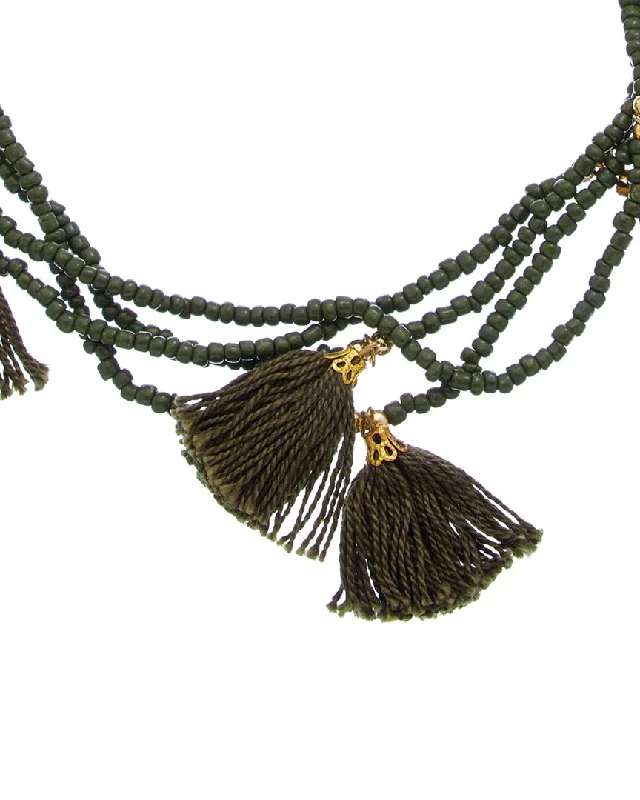 Art deco necklaces-POM POM NECKLACE SET OF 5 MILITARY OLIVE