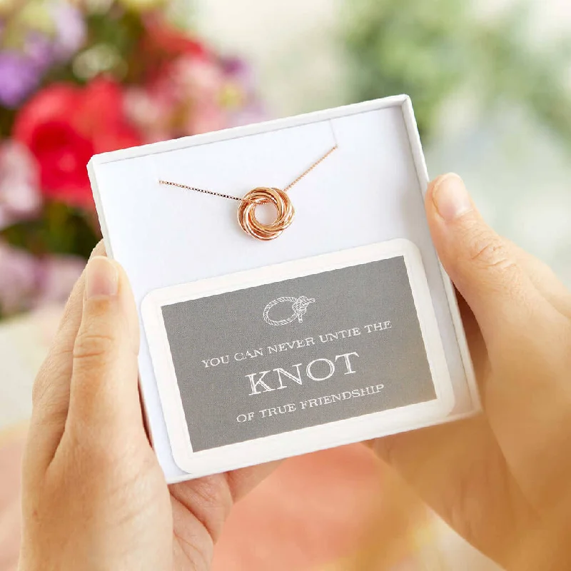 Matte gold necklaces-Rose Gold Plated Knot Of Friendship Ring Necklace