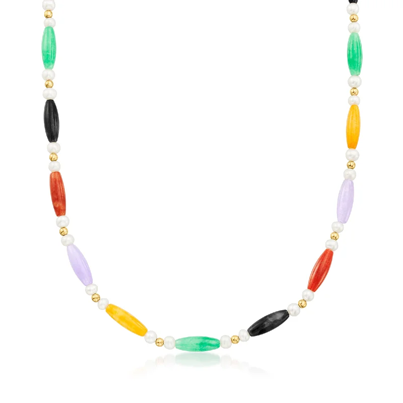 Coin charm necklaces-Ross-Simons 5x15mm Multicolored Jade Bead and 4-4.5mm Cultured Pearl Station Necklace With 14kt Yellow Gold