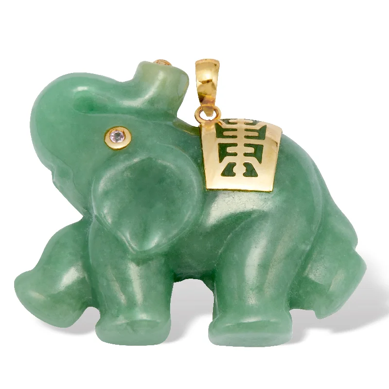 Chunky stone necklaces-Green Jade 14k Gold Lucky Elephant Charm Pendant