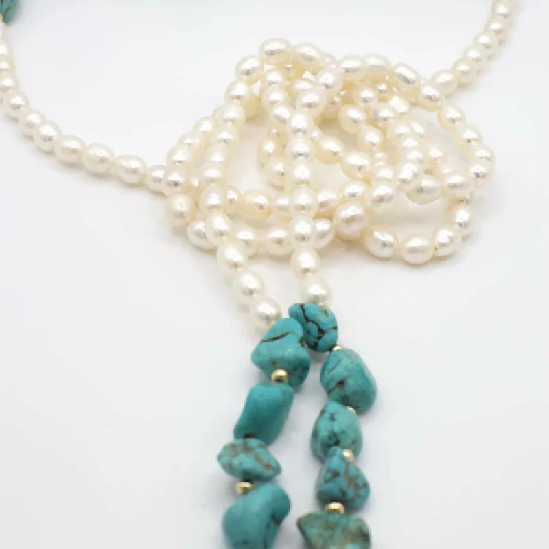 Moroccan tile necklaces-Vintage Genuine Turquoise and Pearl Lariat Necklace