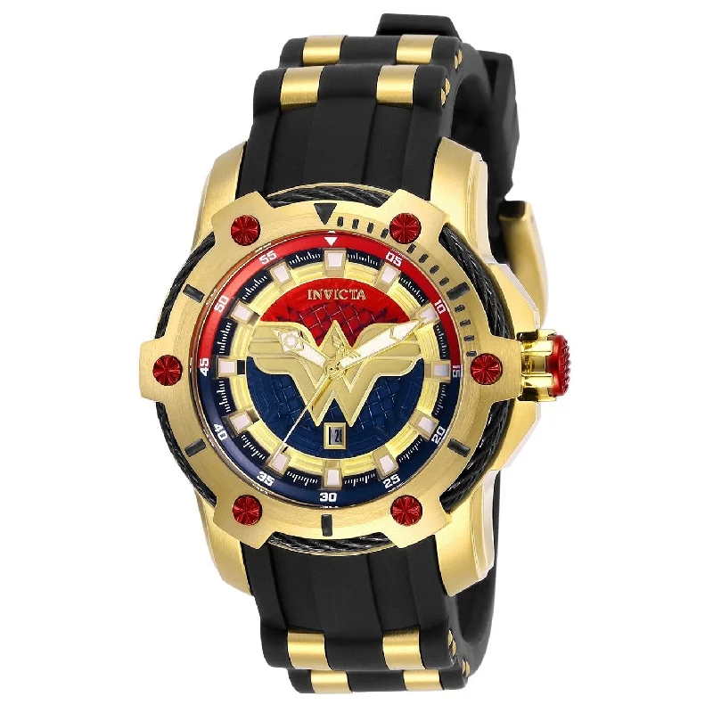 Crafted leather watches-Invicta Women's 26834 DC Comics Wonder Woman Black and Gold-Tone Inserts Stainless Steel Watch