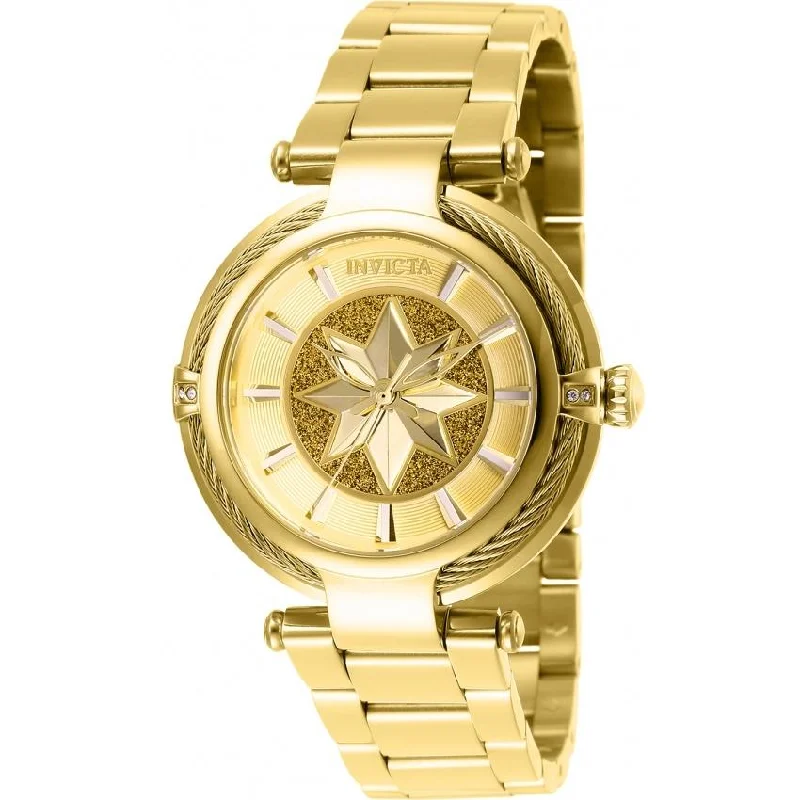 Crystal face watches-Invicta Women's 28833 Marvel Captain Marvel Gold-Tone Stainless Steel Watch