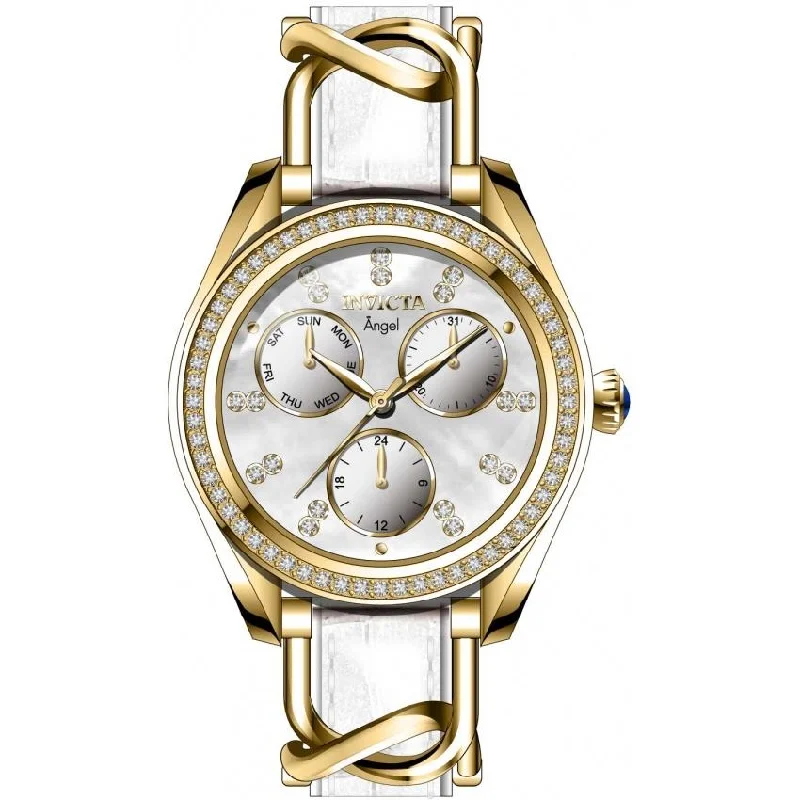 Handmade artisan watches-Invicta Women's 31204 Angel White and GLD Ins Leather and Stainless Steel Watch