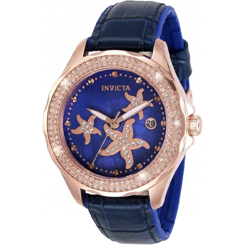 Gold bracelet watches-Invicta Women's 32665 Wildflower Ocean Voyage Blue Leather Watch